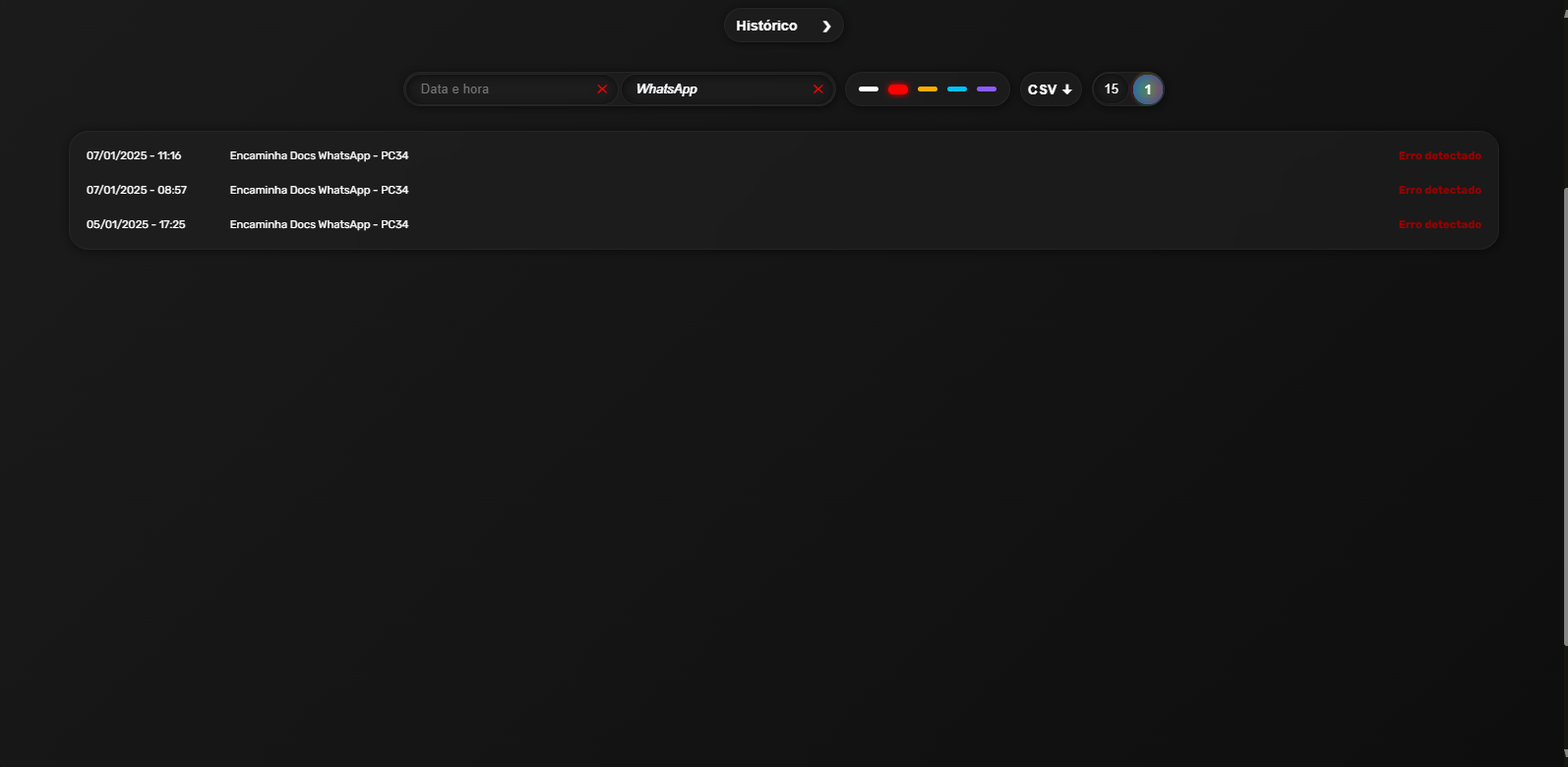 Tela de histórico com filtro aplicado em 19 de Setembro de 2025